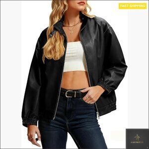 Oversized Faux Leather Bomber Jacket Double Zipper Winter Coat